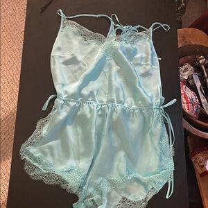Victoria's Secret Satin Lace Trim Romper - Aqua